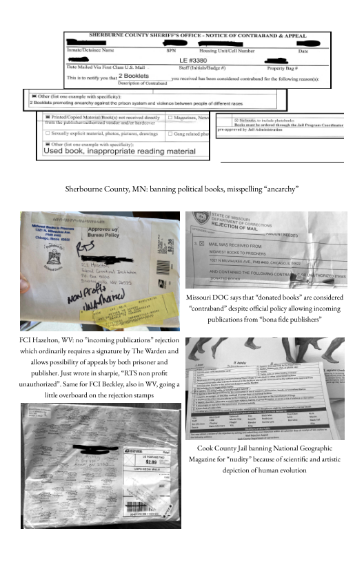 RN O SR D717 e o7 CoNTRAAND & AP E— — I — Used book. inappropriate reading material Sherbourne County, MN: baning politial books, mispellng “ancarchy” Missouri DOC say tha donated books” s onsiersd “contrabands despieofiil plicy slowiog lcoming publctions from “bon e publihers” FCI Hasehon, WV: o incoming publications” sfcion ‘which oxinaelyrquirs 3 dgnature by The Warden and llows possbilcy of ppeals by both prksanerand pulblher. Juse wrot i sharpie,“KTS nom profc nauchoized”.Same fox FC1 Beskley, o in WY, going ke vebod o the eecton stamps ‘Cook County Jail baniog Nukonl Geographic ‘Magain or“nudiy” becase f sclnific and e depition ofbuman evluton